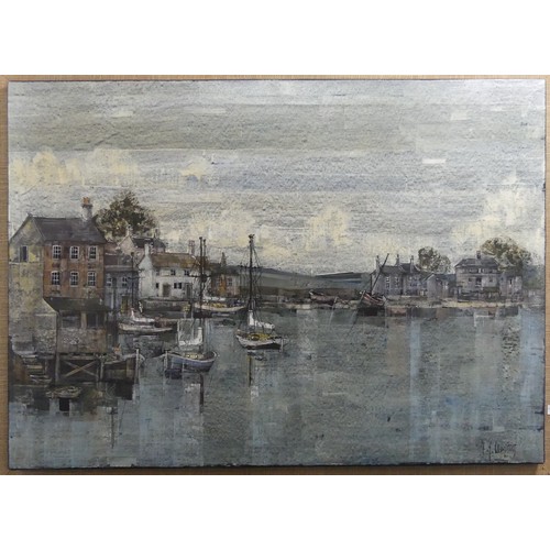 328 - F. J. Dempsey (20th century), Fishing village with boats and buildings by the quay, possibly Kent, o... 