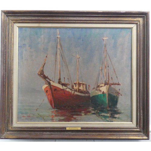 296 - Harold Edward Collin (British, 20th ccentury), Fishing trawlers at anchor, oil on canvas, signed low... 