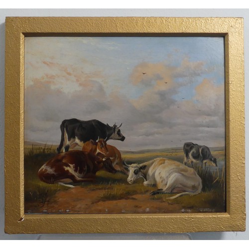 312 - Manner of Thomas Sydney Cooper (1803-1902), Cattle resting and watering, oil on board, unsigned, 23c... 