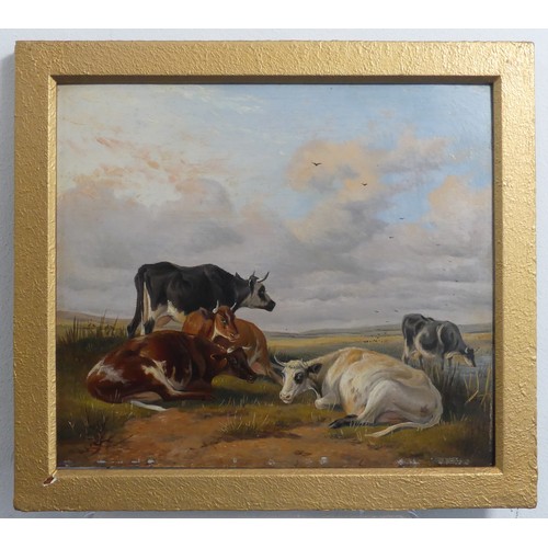 312 - Manner of Thomas Sydney Cooper (1803-1902), Cattle resting and watering, oil on board, unsigned, 23c... 