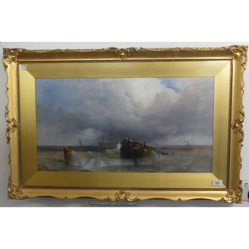 299 - British school (19th century), Fishermen at sea in a coastal seascape, oil on board, signed lower ri... 