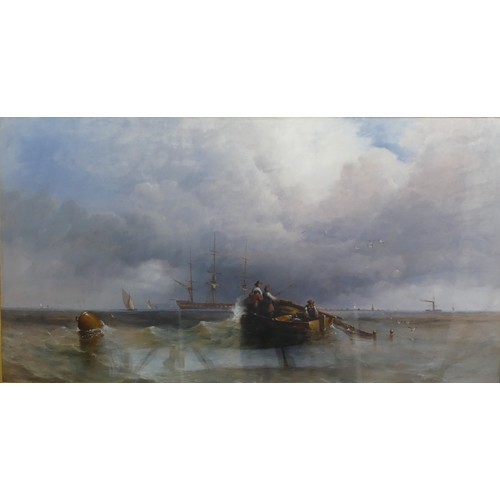 299 - British school (19th century), Fishermen at sea in a coastal seascape, oil on board, signed lower ri... 