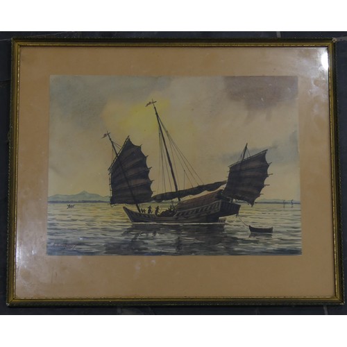 173 - Abu Bakar Ibrahim, Chinese Junk, watercolour, signed to the bottom left, 'A. B. IBRAHIM', 27.5 cm x ... 