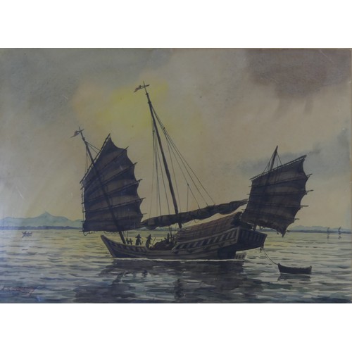 173 - Abu Bakar Ibrahim, Chinese Junk, watercolour, signed to the bottom left, 'A. B. IBRAHIM', 27.5 cm x ... 