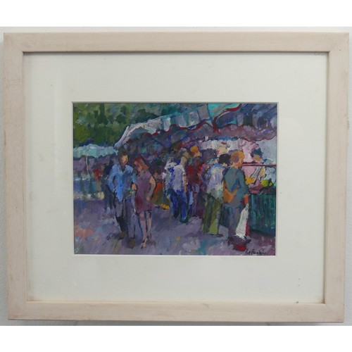 270 - Pat Preater (Modern British), Street Market, acrylic on board, signed, 15cm x 20cm, framed.... 