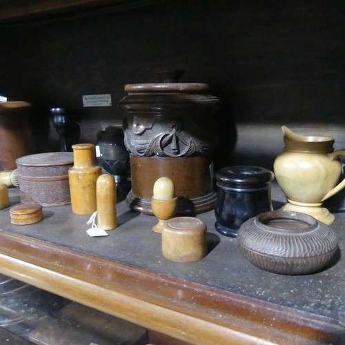 546 - A large quantity of late 19th / early 20th century Treen, including ; string boxes, medicine bottle ... 