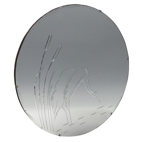 703 - An Art Deco style circular wall Mirror, engraved with heron pattern design and wavy bevelled edge, W... 