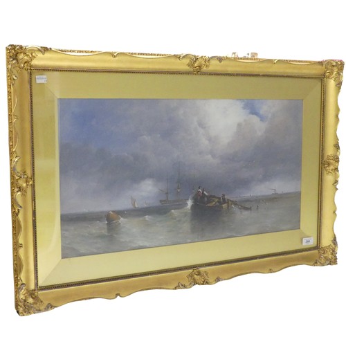 299 - British school (19th century), Fishermen at sea in a coastal seascape, oil on board, signed lower ri... 