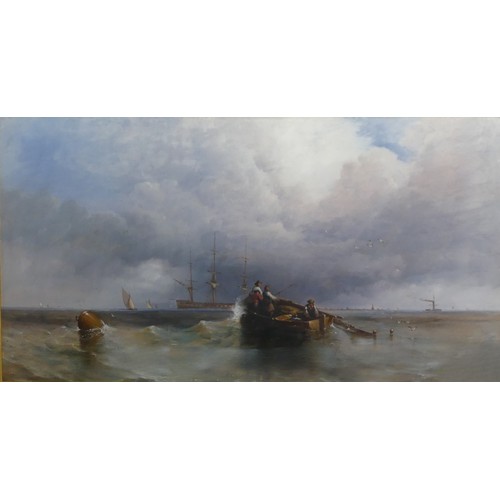 299 - British school (19th century), Fishermen at sea in a coastal seascape, oil on board, signed lower ri... 