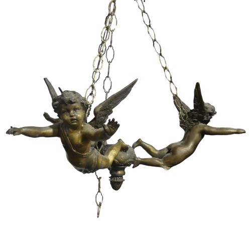 537 - A pair of antique gilt metal Cherub ceiling Lights / Hangings, together with two antique brass Chand... 