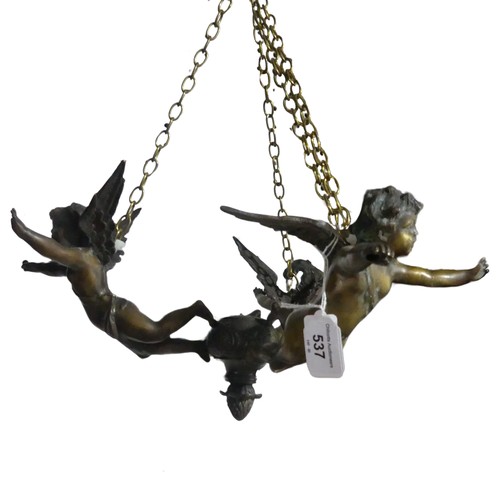 537 - A pair of antique gilt metal Cherub ceiling Lights / Hangings, together with two antique brass Chand... 