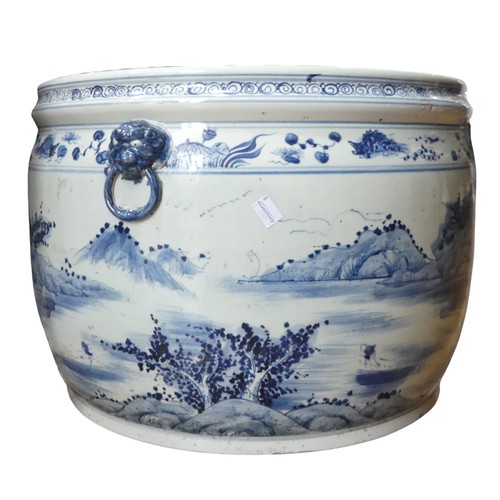 185 - A large 19thC Chinese blue and white porcelain Jardiniere, decorated in mountainous landscape, D 49c... 