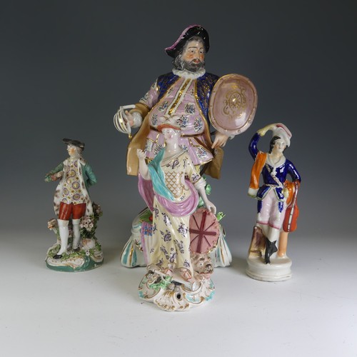 215 - A large 19thC Derby porcelain figure of Falstaff, decorated heavily, sword broken and chips elsewher... 