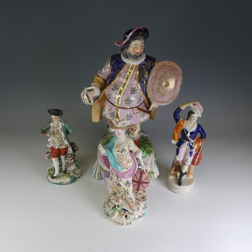 215 - A large 19thC Derby porcelain figure of Falstaff, decorated heavily, sword broken and chips elsewher... 