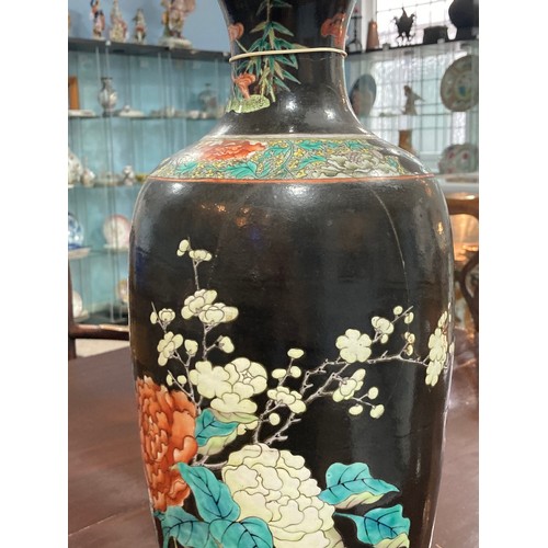 54 - An antique Chinese famille noir porcelain Vase, black ground with colourful enamels of prunus and ch... 