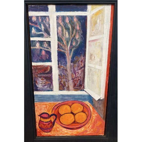 338 - Aileen Boatman (British) My Window, Oil on Board, 60cm x 35cm, framed.