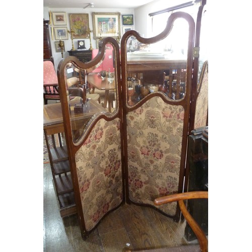 594 - An antique French inspired Boudoir three-fold dressing Screen, shaped glazed tops above fabric inset... 