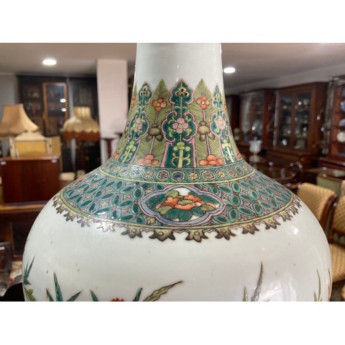 203 - A large Chinese porcelain Lamp, in the shape of a bottle vase depicting floral, H 66 cm, together wi... 