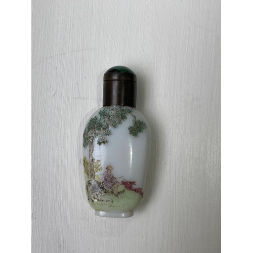 188 - A 19thC Chinese milk glass enamelled Snuff Bottle, enamelled with a fisherman with animals under a t... 