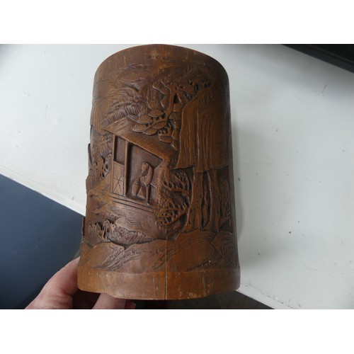 9 - A Chinese carved bamboo Brush Pot, of cylindrical form, H 16.5cm, together with a pair of Chinese pi... 