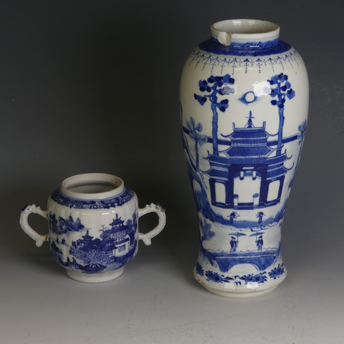 207 - A 19thC Chinese blue and white porcelain Vase, decorated with trees and pagoda in the moonlight, fou... 