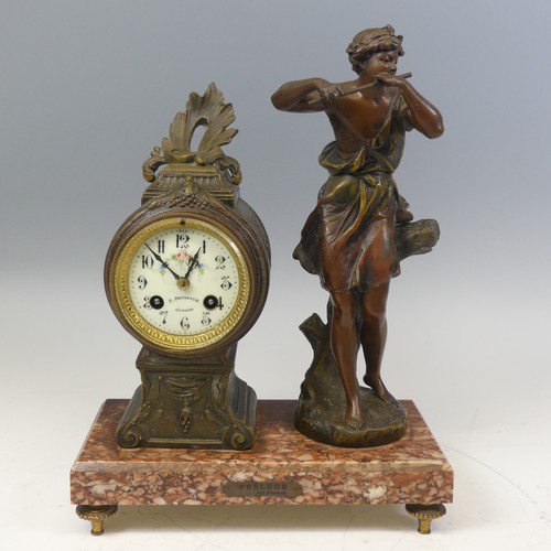 381 - A 19th century French bronzed and marble mantle Clock, dial signed 'E. Brasseur, Crozon', encased in... 