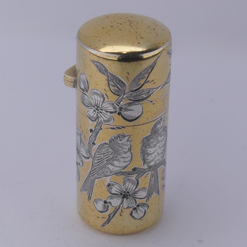 Sampson Mordan; A Victorian silver gilt Scent Bottle, hallmarked London 1881, decorated with three birds on a foliate branch, associated cork stopper, 5.5cm high, 1.4ozt.