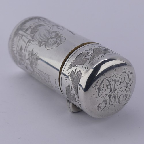 9 - Sampson Mordan; A Victorian silver Scent Bottle, hallmarked London 1882, of cylindrical form decorat... 