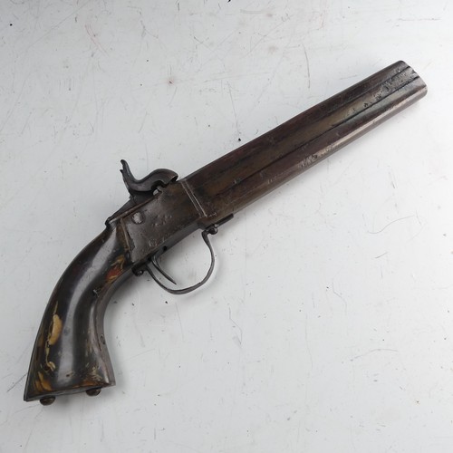 216 - A 19th century double barrelled over and under percussion Pistol, with 6 1/2 inch barrels with dual ... 