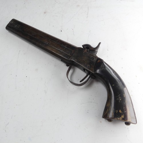 216 - A 19th century double barrelled over and under percussion Pistol, with 6 1/2 inch barrels with dual ... 