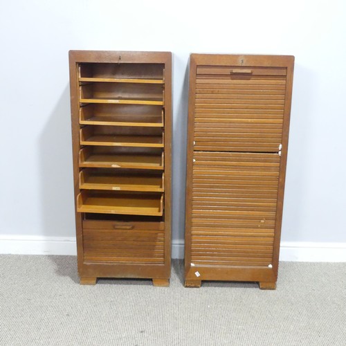 561 - A pair of mid 20th century oak tambour front music / filing Cabinets, tambour fronts concealing fitt... 