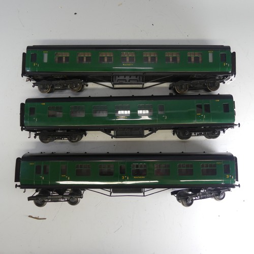 20 - Three Exley ‘0’ gauge SR Coaches, green with yellow lettering: All 1st Side Corridor Coach No.6000; ... 