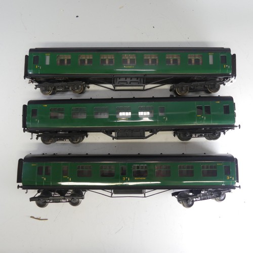 20 - Three Exley ‘0’ gauge SR Coaches, green with yellow lettering: All 1st Side Corridor Coach No.6000; ... 