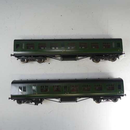 23 - Two Exley ‘0’ gauge SR Coaches, green with yellow lettering: 1st/3rd Passenger Coach No.7856, and 3r... 