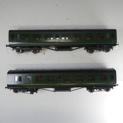 23 - Two Exley ‘0’ gauge SR Coaches, green with yellow lettering: 1st/3rd Passenger Coach No.7856, and 3r... 