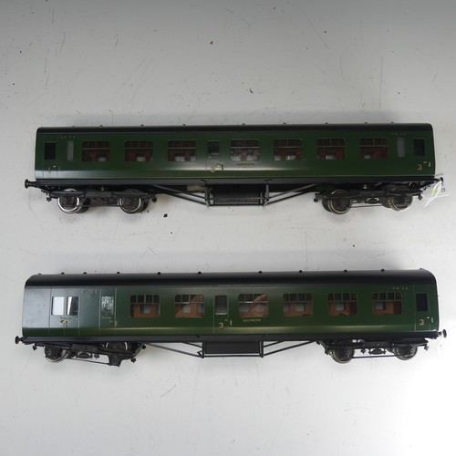 23 - Two Exley ‘0’ gauge SR Coaches, green with yellow lettering: 1st/3rd Passenger Coach No.7856, and 3r... 