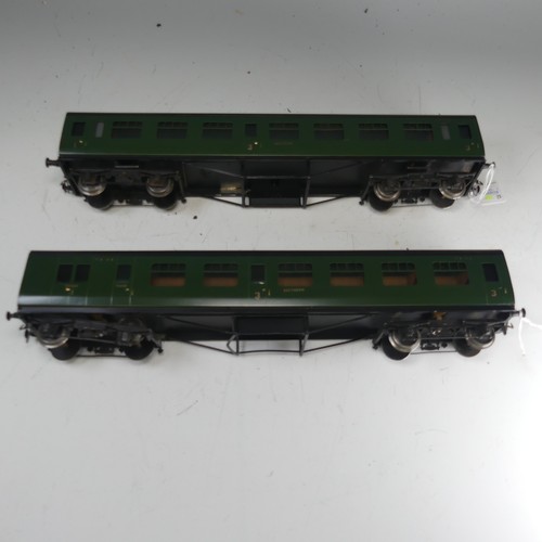 23 - Two Exley ‘0’ gauge SR Coaches, green with yellow lettering: 1st/3rd Passenger Coach No.7856, and 3r... 