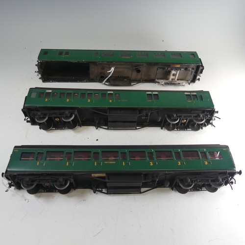 24 - Two Exley ‘0’ gauge SR Coaches, green with yellow lettering, repainted, together with two Exley '0' ... 