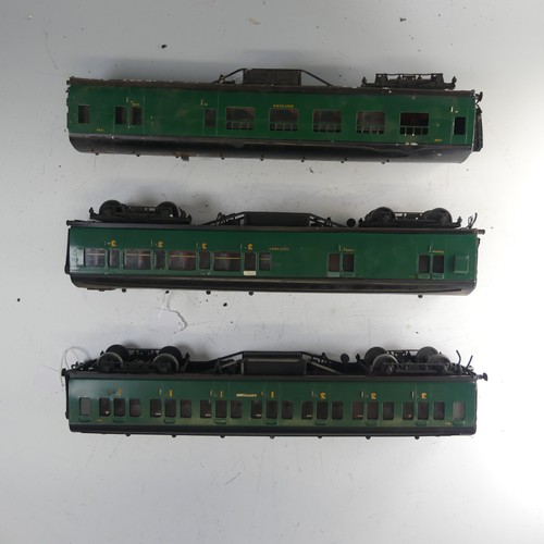 24 - Two Exley ‘0’ gauge SR Coaches, green with yellow lettering, repainted, together with two Exley '0' ... 