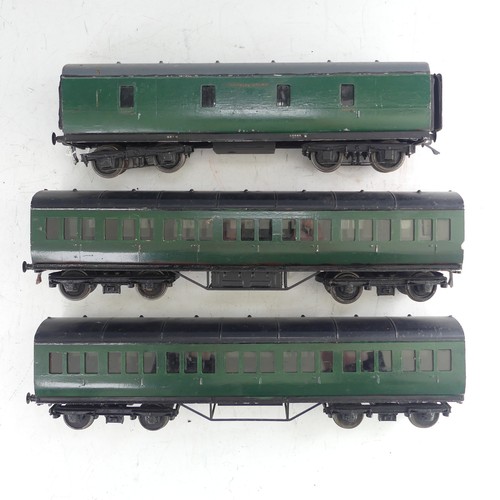 24 - Two Exley ‘0’ gauge SR Coaches, green with yellow lettering, repainted, together with two Exley '0' ... 