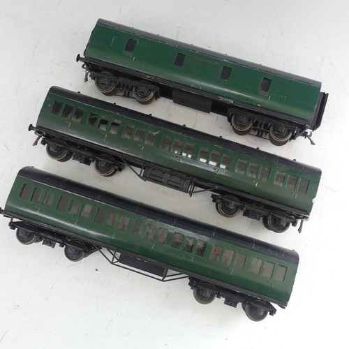 24 - Two Exley ‘0’ gauge SR Coaches, green with yellow lettering, repainted, together with two Exley '0' ... 