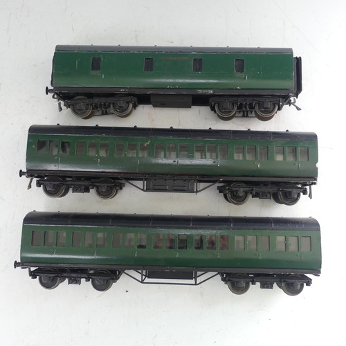 24 - Two Exley ‘0’ gauge SR Coaches, green with yellow lettering, repainted, together with two Exley '0' ... 