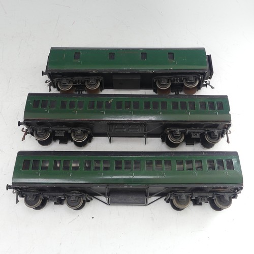 24 - Two Exley ‘0’ gauge SR Coaches, green with yellow lettering, repainted, together with two Exley '0' ... 