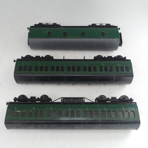 24 - Two Exley ‘0’ gauge SR Coaches, green with yellow lettering, repainted, together with two Exley '0' ... 