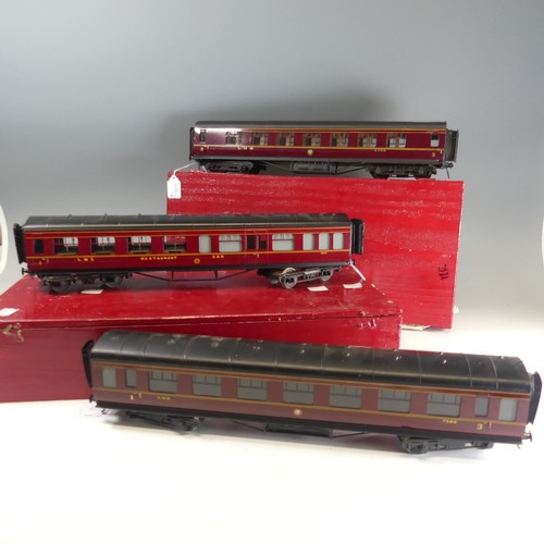 36 - Three Exley ‘0’ gauge LMS Passenger Coaches, maroon with yellow lettering; All 3rd Class Coach No.67... 