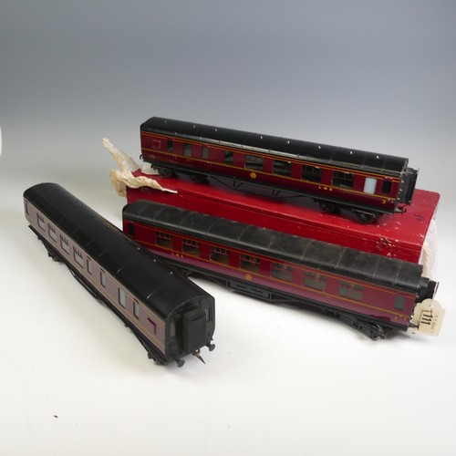 33 - Three Exley ‘0’ gauge LMS Passenger Coaches, maroon with yellow lettering; 1st Class Corridor Coach ... 