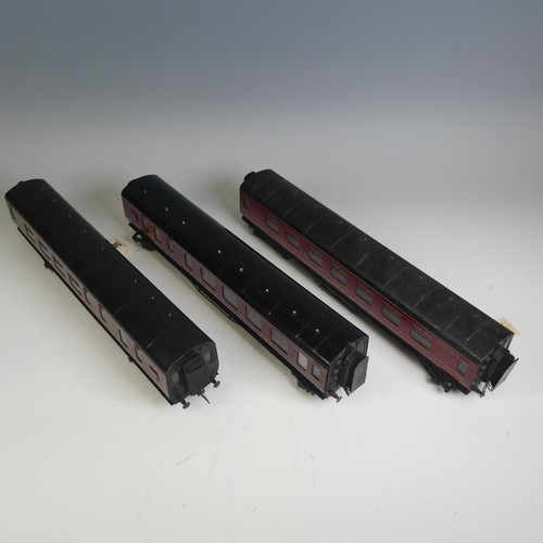 33 - Three Exley ‘0’ gauge LMS Passenger Coaches, maroon with yellow lettering; 1st Class Corridor Coach ... 