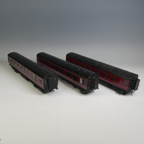 33 - Three Exley ‘0’ gauge LMS Passenger Coaches, maroon with yellow lettering; 1st Class Corridor Coach ... 