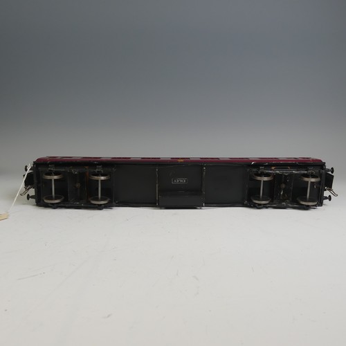 33 - Three Exley ‘0’ gauge LMS Passenger Coaches, maroon with yellow lettering; 1st Class Corridor Coach ... 