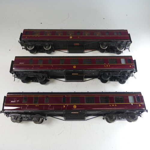 40 - Three Exley ‘0’ gauge LMS 3rd Class Corridor End Brake Coaches, maroon with yellow lettering, No.110... 